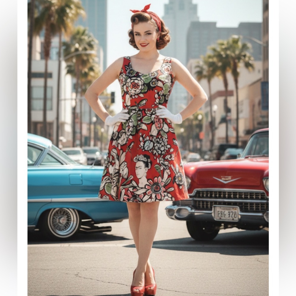 Retrolicious Frida Kahlo Floral Print Fit & Flare Dress Red Size L 
Novelty